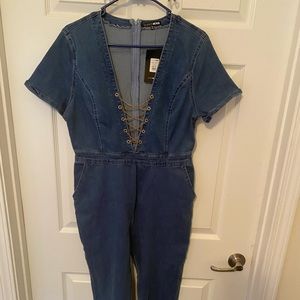 Deep v neck chain denim jumpsuit